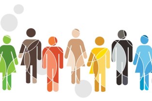 A digital illustration of a group of people of different genders, drawn in orange, gold, green, blue, black, beige and brown.