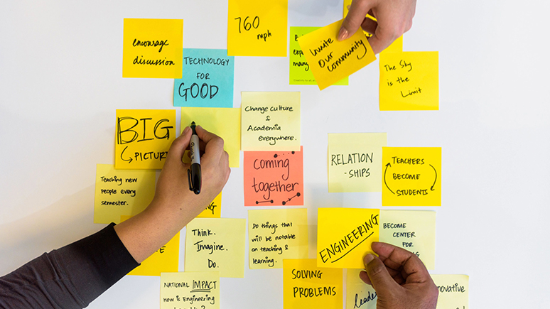 Post it note collaboration, hands of three individuals writing and placing post it notes on a white surface.