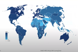 A color-coded map of the world's countries in shades of blue, taken from a screen-shot of the presentation described below.