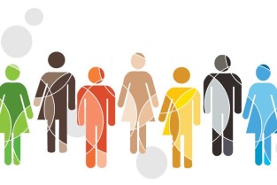 A digital illustration of a group of people of different genders, drawn in orange, gold, green, blue, black, beige and brown.